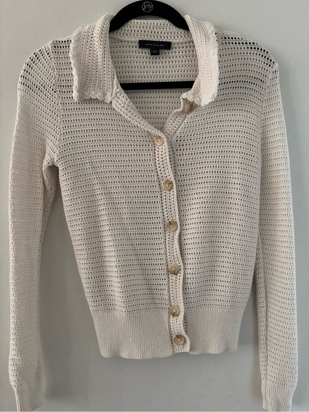 Ann Taylor Cream Open-Weave Button Cardigan